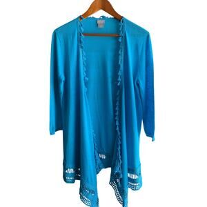 CHICO'S Blue Linen Blend Tassel Trim Open Front Cardigan Boho Sweater Size 1